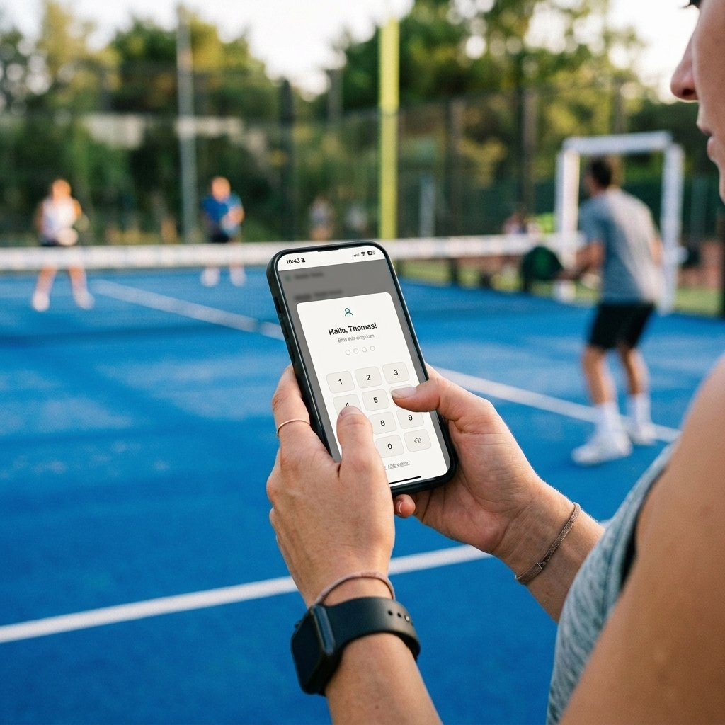 Hand holding a smartphone showing the PIN entry screen on court