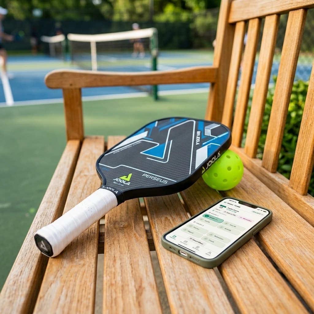 Modern pickleball paddle and smartphone on a wooden bench next to the court