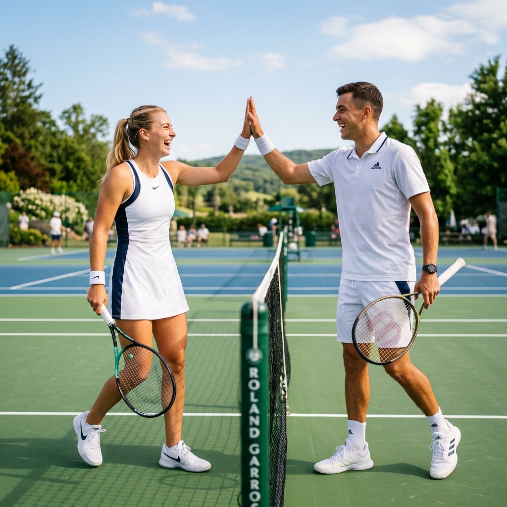 Two tennis players high-fiving and laughing over the net